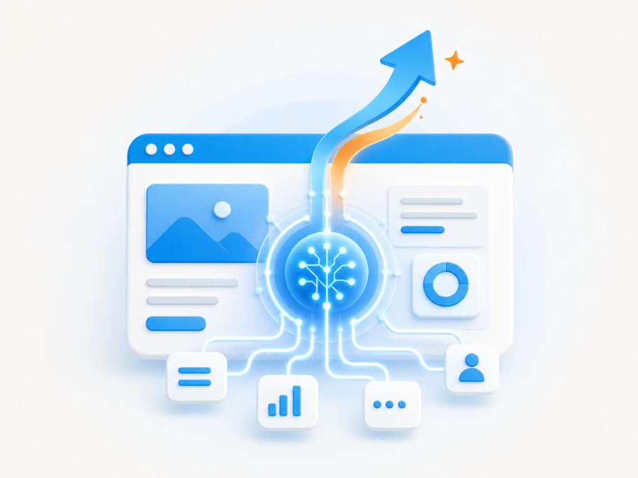 Illustration of a web browser window connected to a glowing neural network hub, with circuits spreading to widgets and a rising arrow signifying growth.